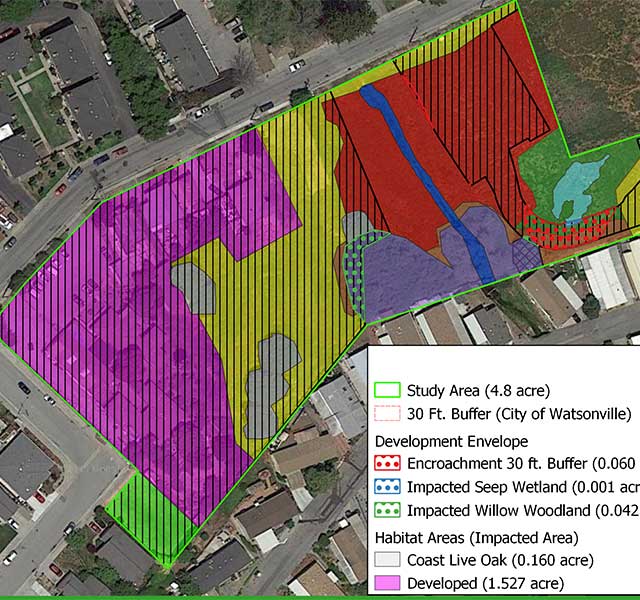 Map produced by Ecological Concerns Incorporated depicting biological impacts at Miles Lane housing project in Watsonville