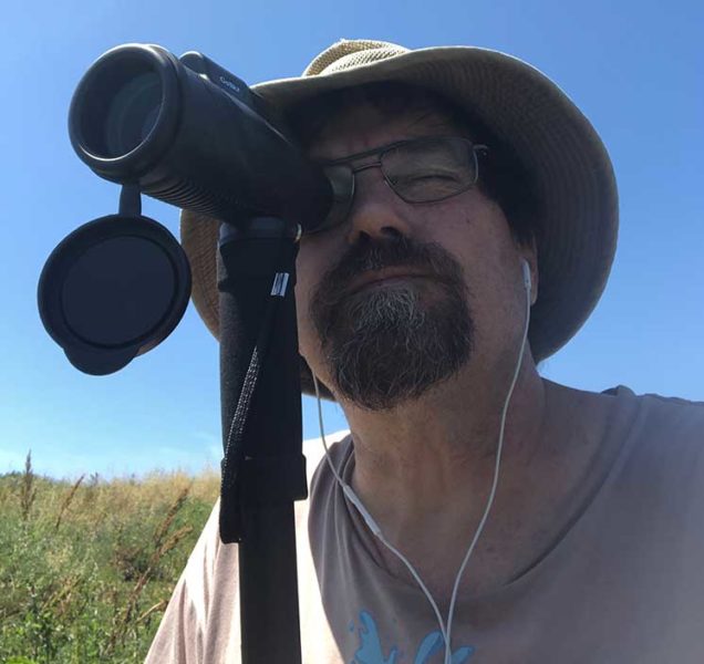 ECI team member looking through scope during biological survey at Pippin St. Wetlands